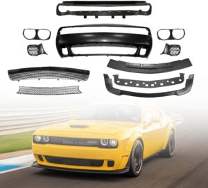Full Front Bumper Cover and Grille and Lip Hellcat Style Replacement For 2015-2023 Do-dge Challenger - Hellcat style full Front bumper replacement body kit