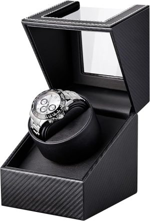 Watch Winder for Automatic Watches: Automatic Single Watch Winder Box with Japanese Quiet Motor, Rotating Watch Case in Black Carbon Fiber Leather, Gifts for Men & Collectors
